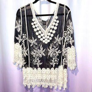 Y2K Cacia 3X Black Sheer Cream Lace Crochet Blouse
